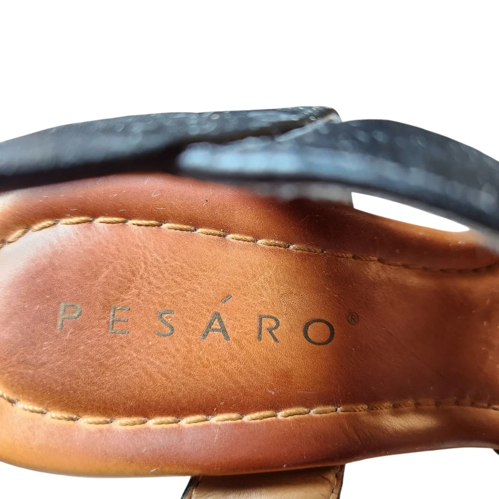 Pesaro Espadrille Wedge Black Vegan Leather Sandals Ankle Strap‎ Gold Buckle 8